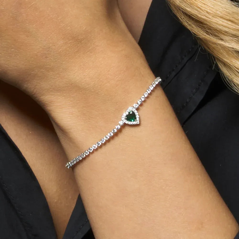 Luca Barra - BRACCIALE TENNIS DONNA IN ACCIAIO CON CUORE CON ZIRCONI VERDI E BIANCHI